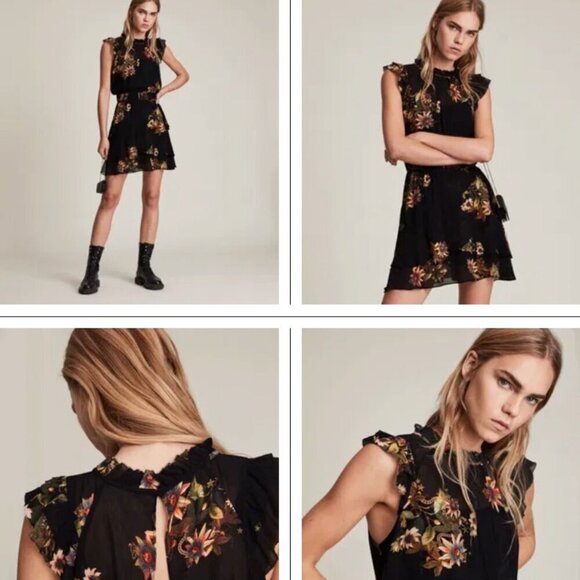 ALLSAINTS Caylan Avifauna Viscose Black Floral Sleeveless Mini Dress US 6 - Picture 1 of 16